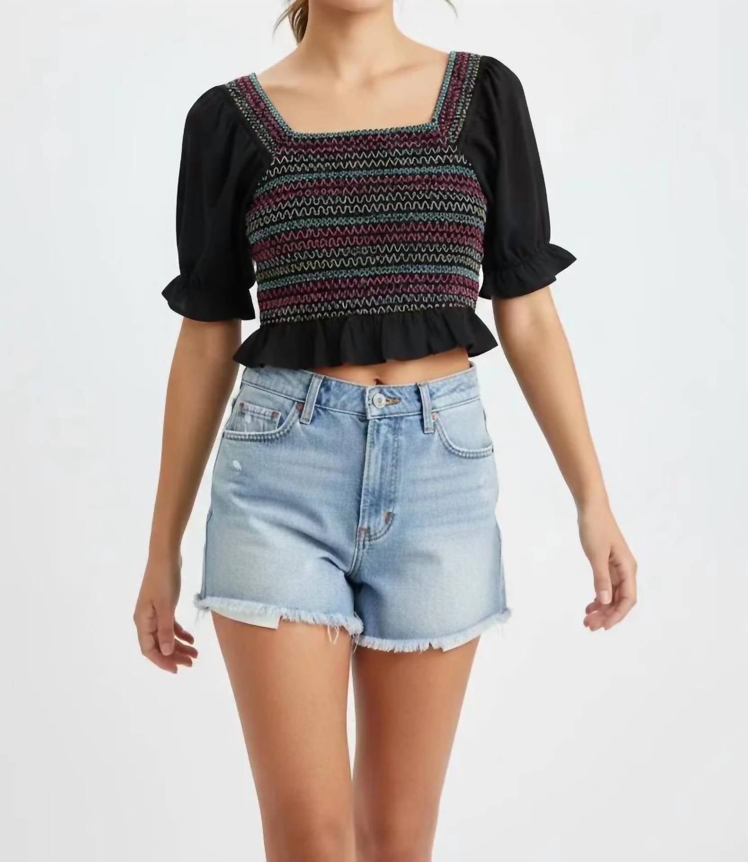 Savanna Jane - Smocked Crop Top With Colorful Embroidered Front