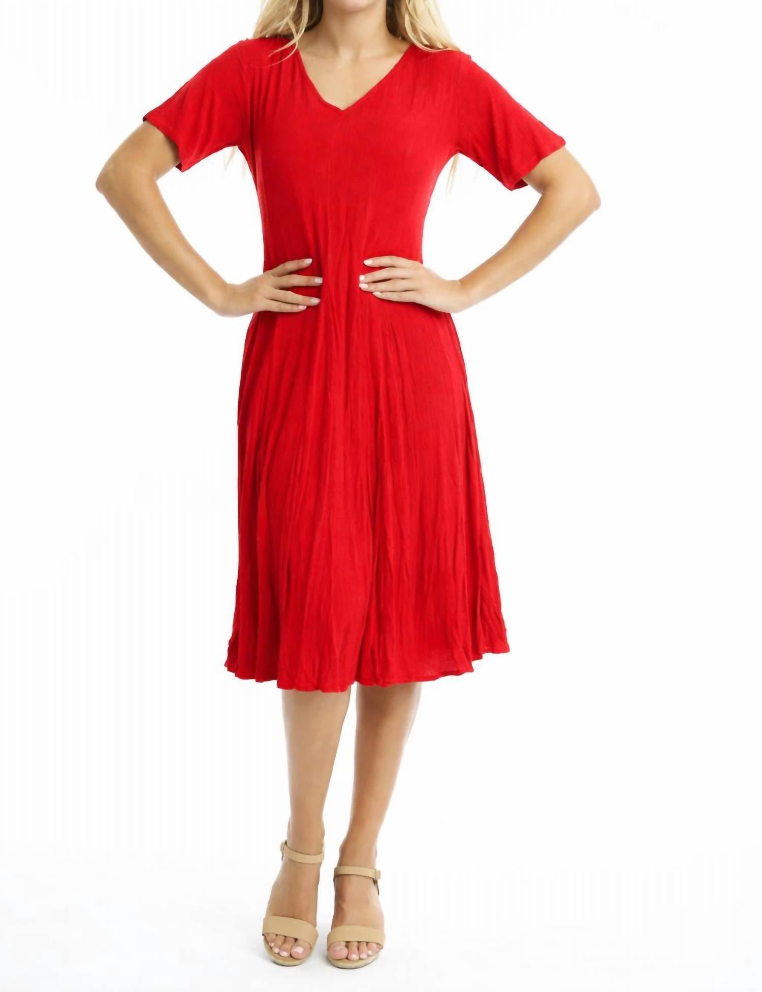 Orientique Essentials Rayon Dobby Short Sleeve Godet Dress in scarlet - women's dress