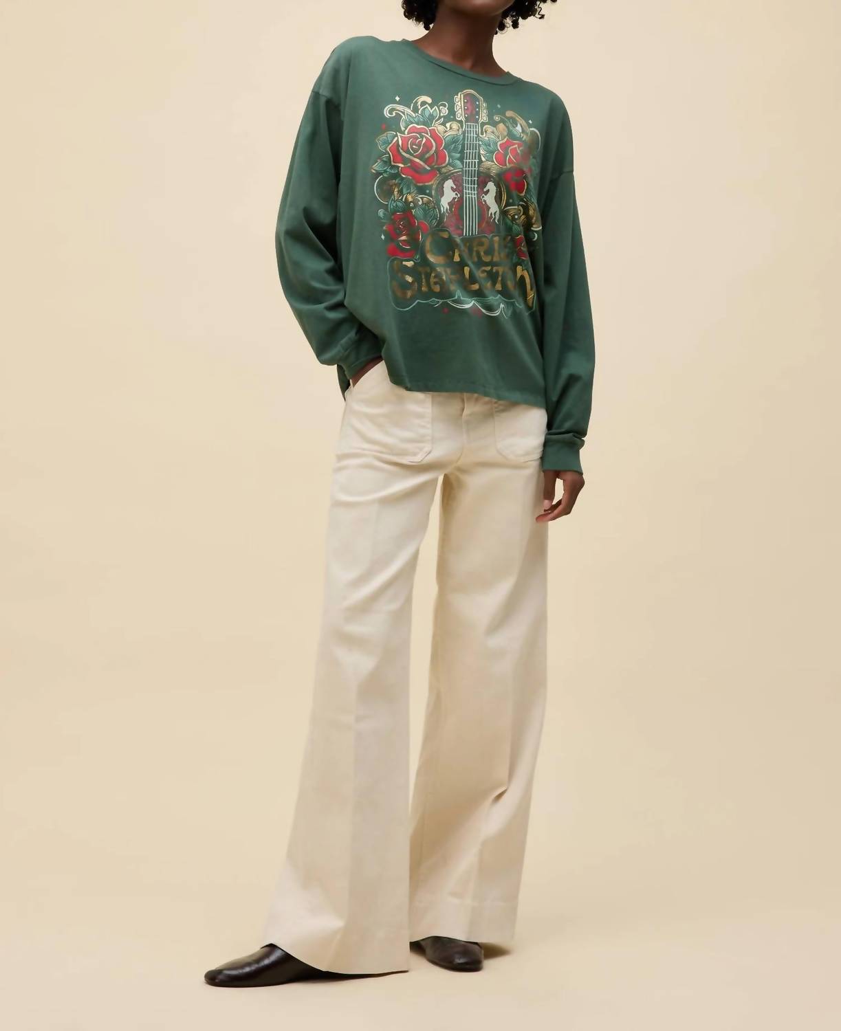 DAYDREAMER Chris Stapleton Guitar & Roses Long Sleeve Top in deep green - women's long sleeve top - alternate view