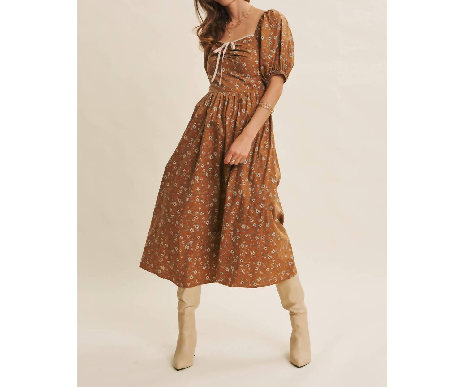 In February - Golden Hour Floral Puff Sleeve Midi Dress With Pockets