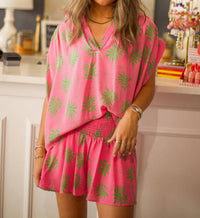 ADRIENNE Placket Shirred Sleeve Band Top in summer palms - women's blouse - detail view