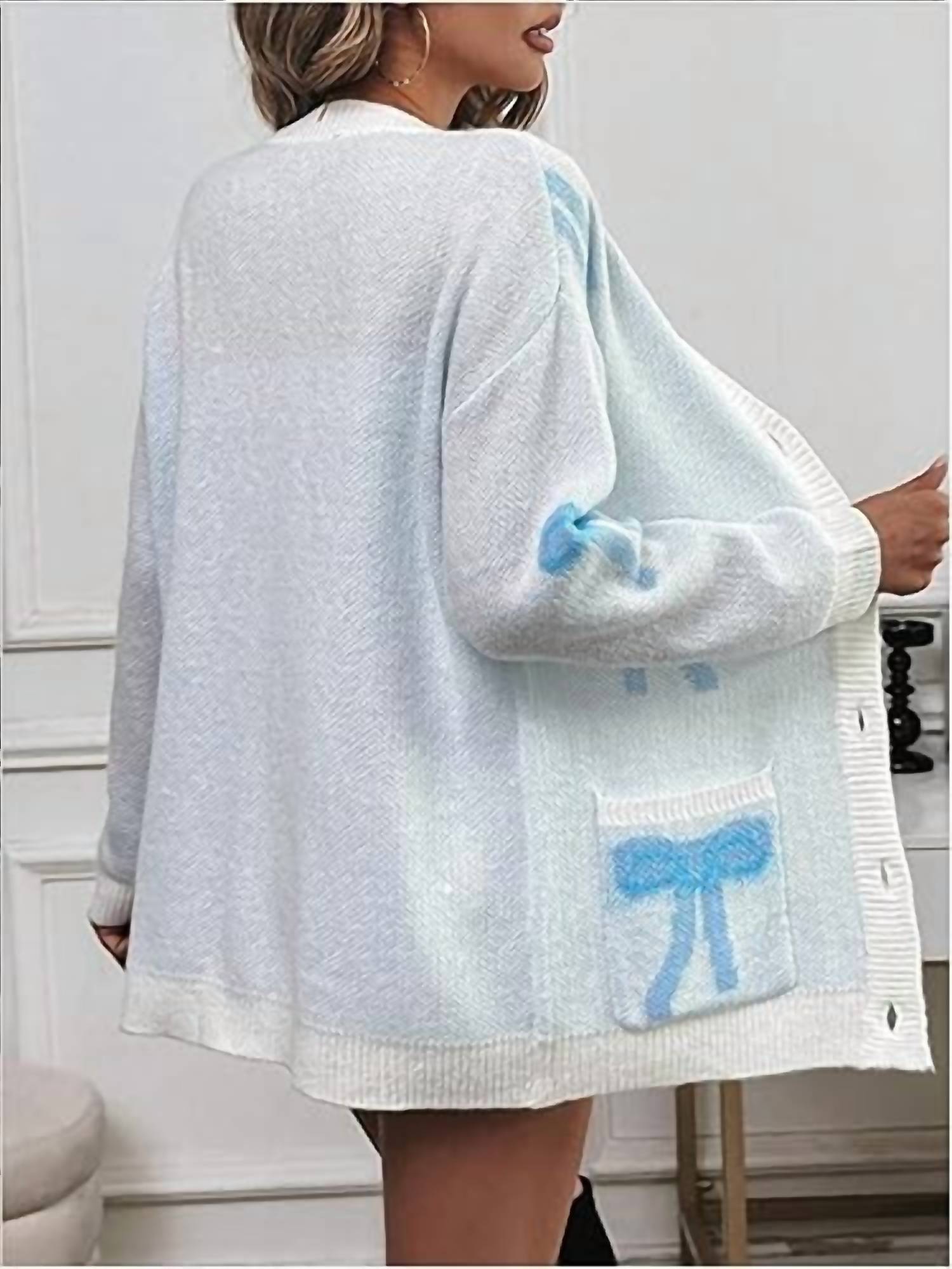 Bestto - Bow Print Oversized Button Down Cardigan