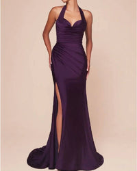 Ladivine Fitted Stretch Satin Dress in eggplant - women's dress - detail view
