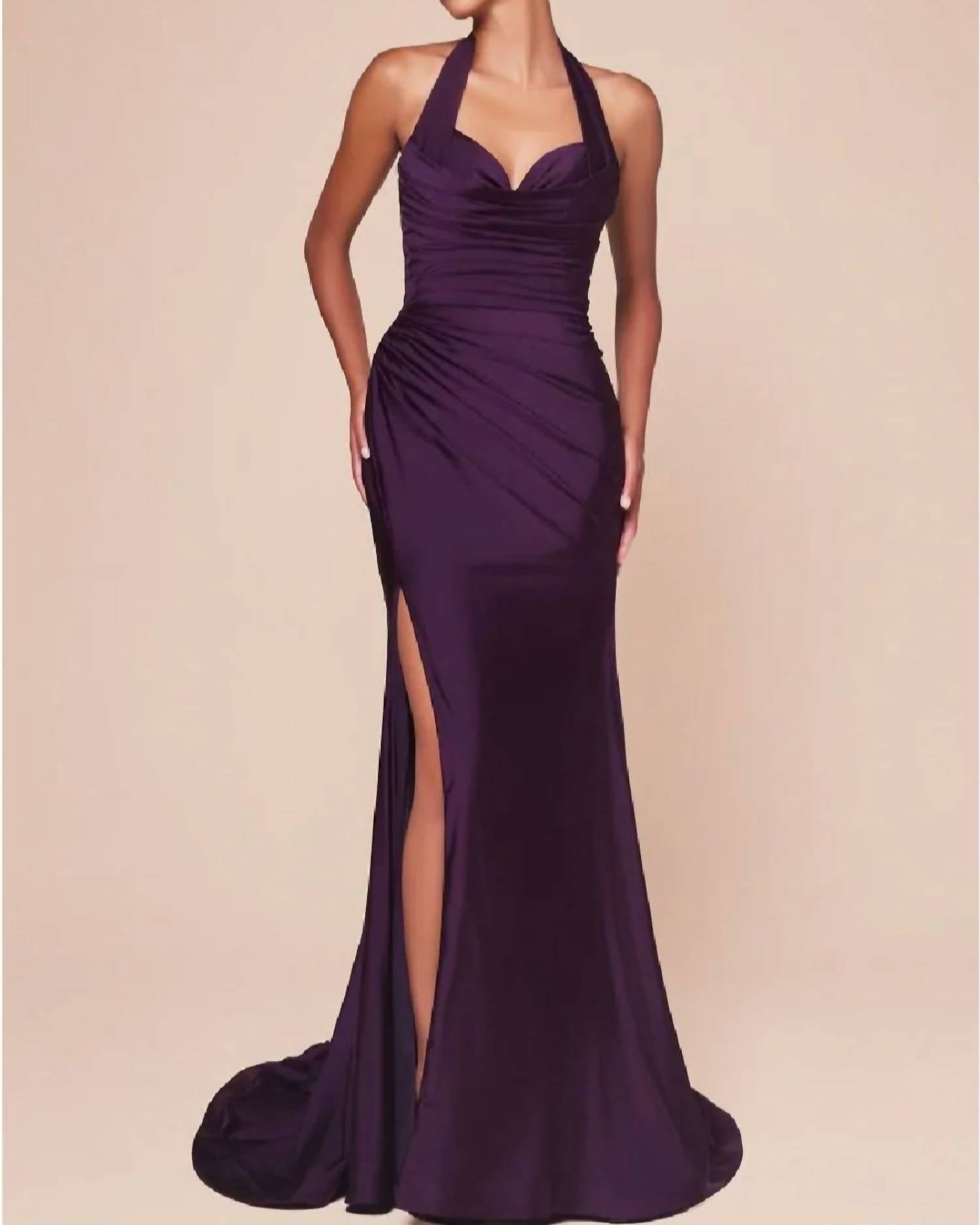 Ladivine Fitted Stretch Satin Dress in eggplant - women's dress - detail view