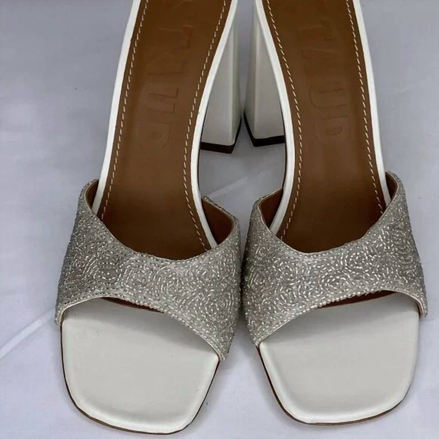 STAUD Women's Sloane Beaded High Block Heeled Sandals in white tan - women's sandal - alternate view