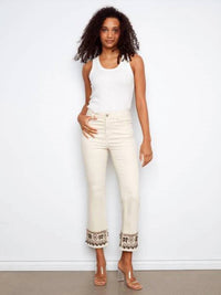 Charlie B - Flare Leg Cropped Twill Pants With Embroidery Hem