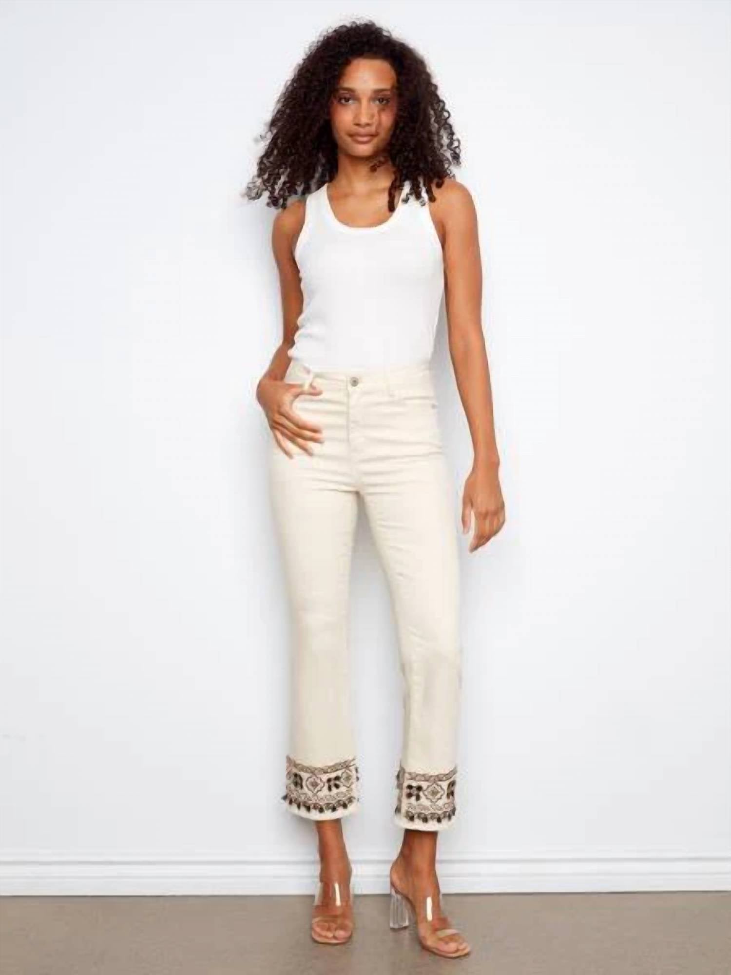 Charlie B - Flare Leg Cropped Twill Pants With Embroidery Hem
