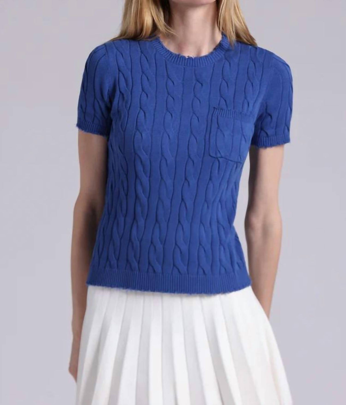 Minnie Rose - Frayed Cable Short Sleeve Tee With Pocket