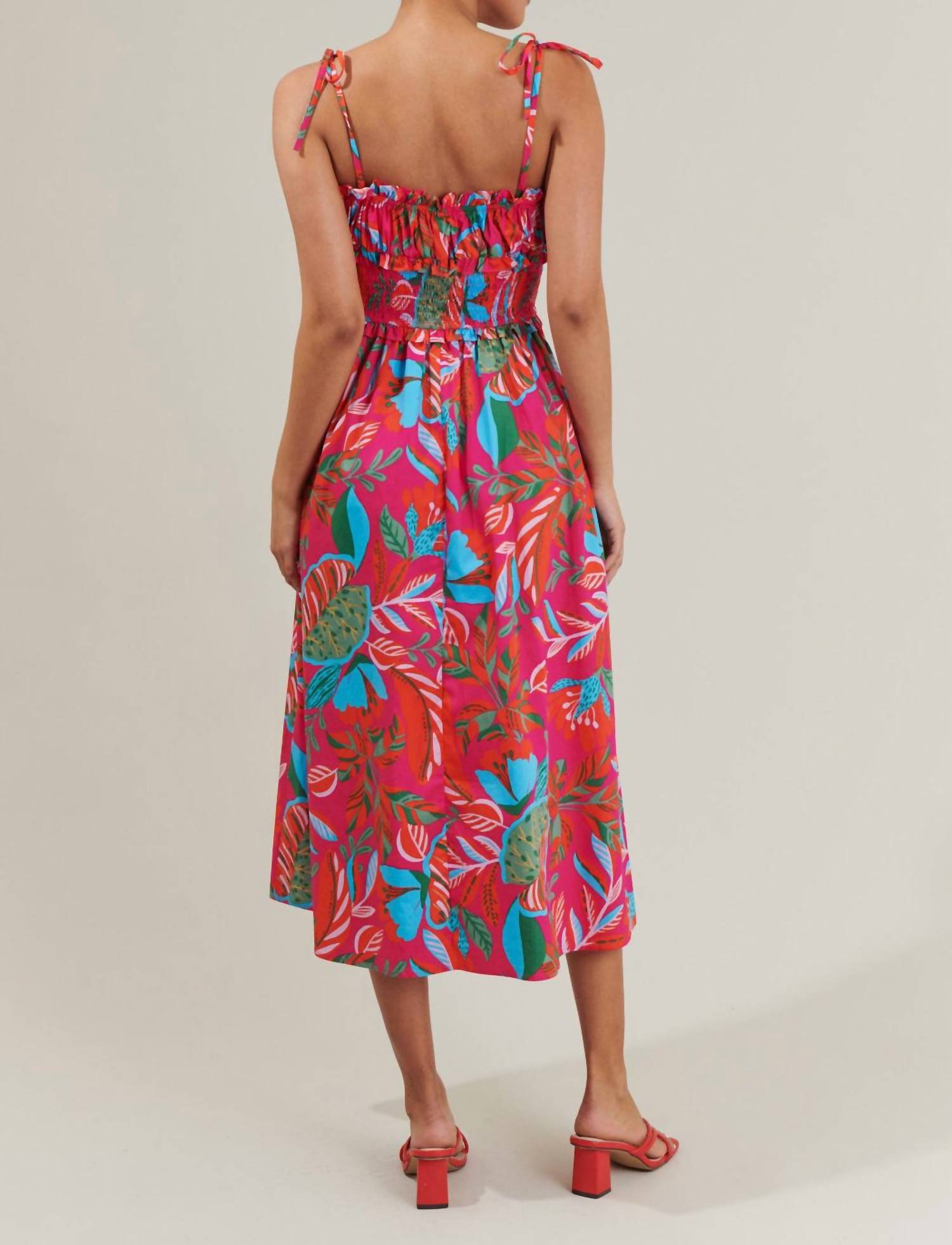 SUGARLIPS Cactus Blossom Midi Dress in fuchsia blue multi - women's dress - detail view