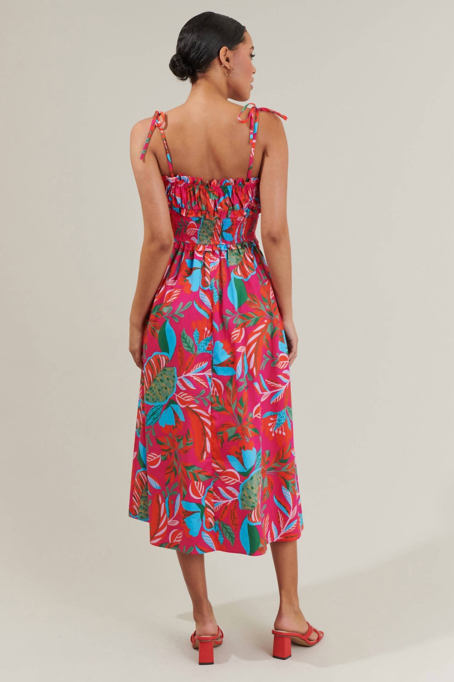 SUGARLIPS Cactus Blossom Midi Dress in fuchsia blue multi - women's dress - alternate view