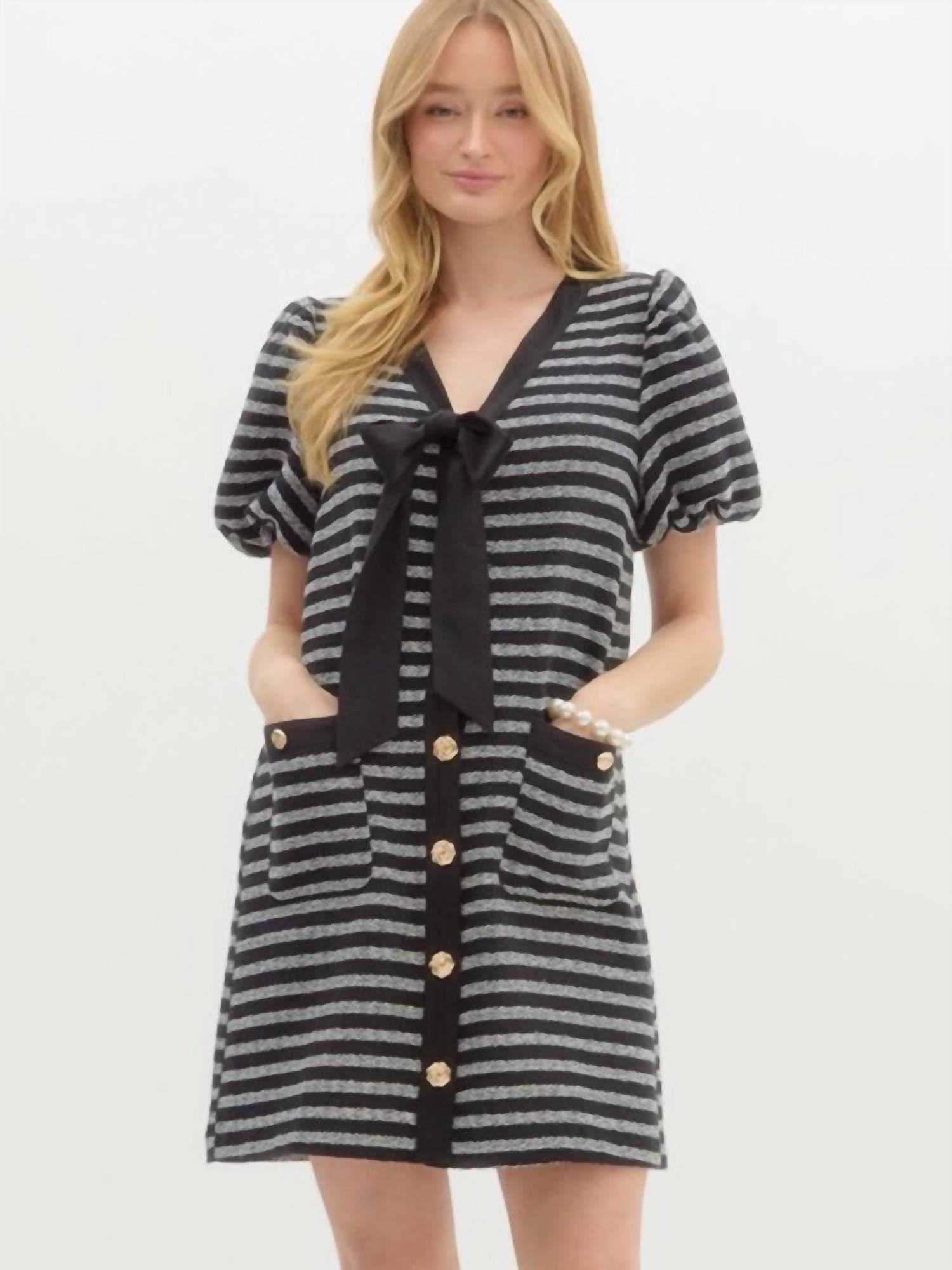 Entro - Stripe Boucle Bubble Sleeve Mini Dress