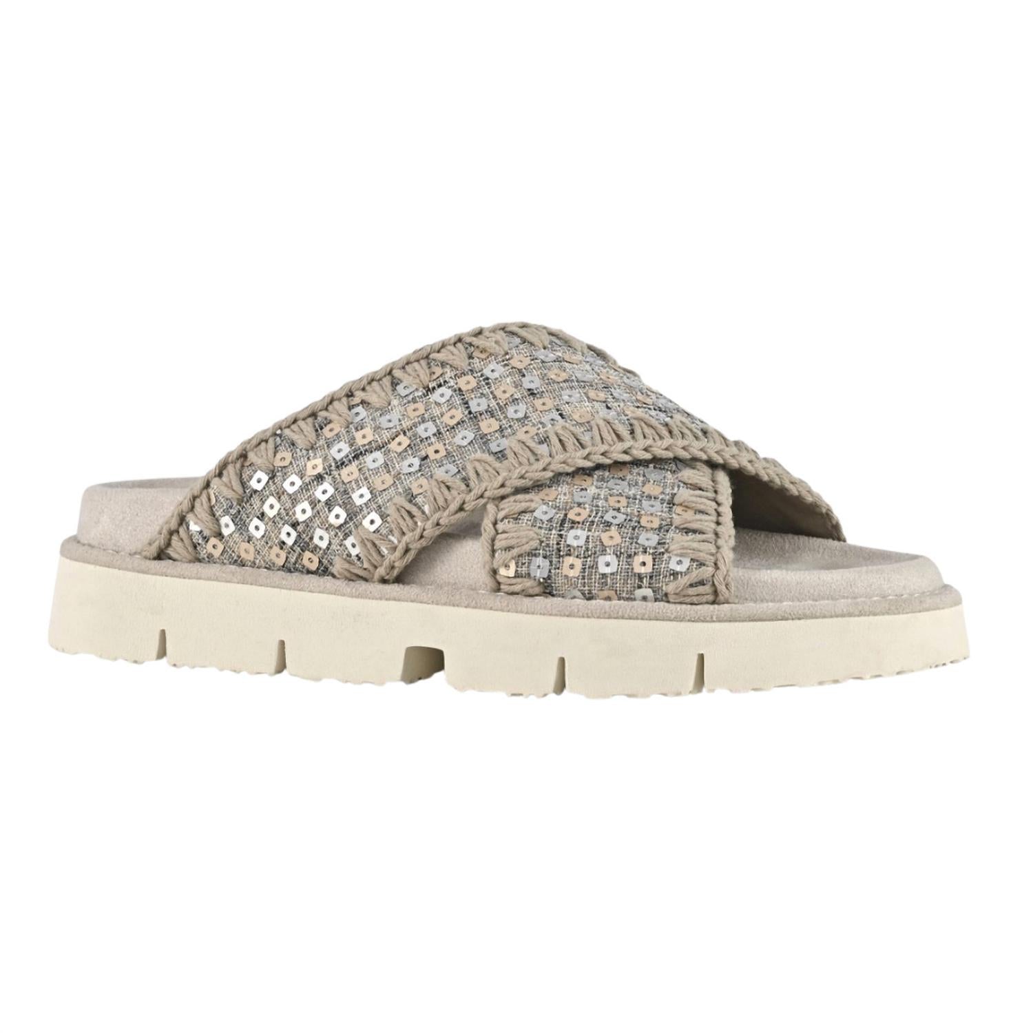 Mou - Women's Criss-cross Bio Denim And Sequins Sandals