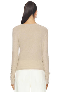 Enza Costa Cashmere Jersey Draped Long Sleeve Crew Top in khaki - women's long sleeve top - detail view