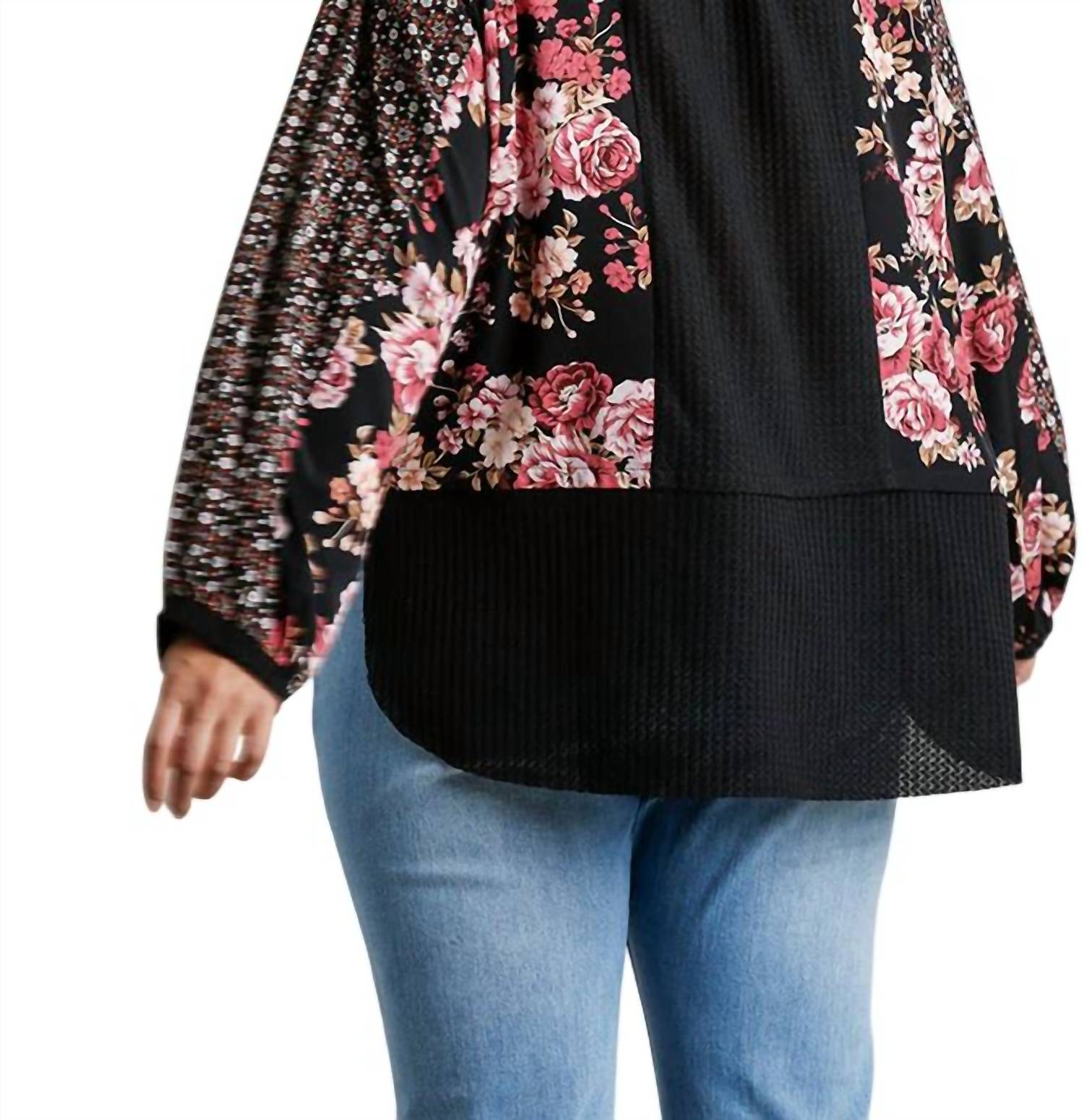 Umgee - Mixed Print Waffle Knit Top - PLUS