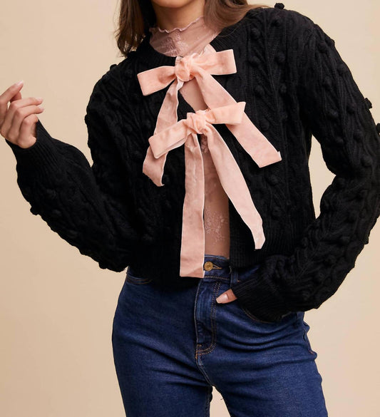 Listicle - Pom Cable Knit Tie Cardigan