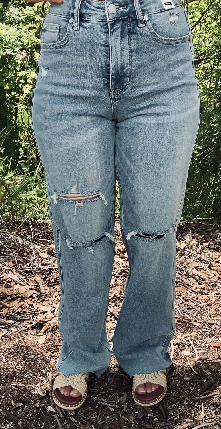 Judy Blue - Mid Rise Tummy Control Distressed Wide Leg Jeans - Plus