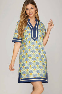 She + Sky - Short Sleeve Printed Dress With Solid Trim