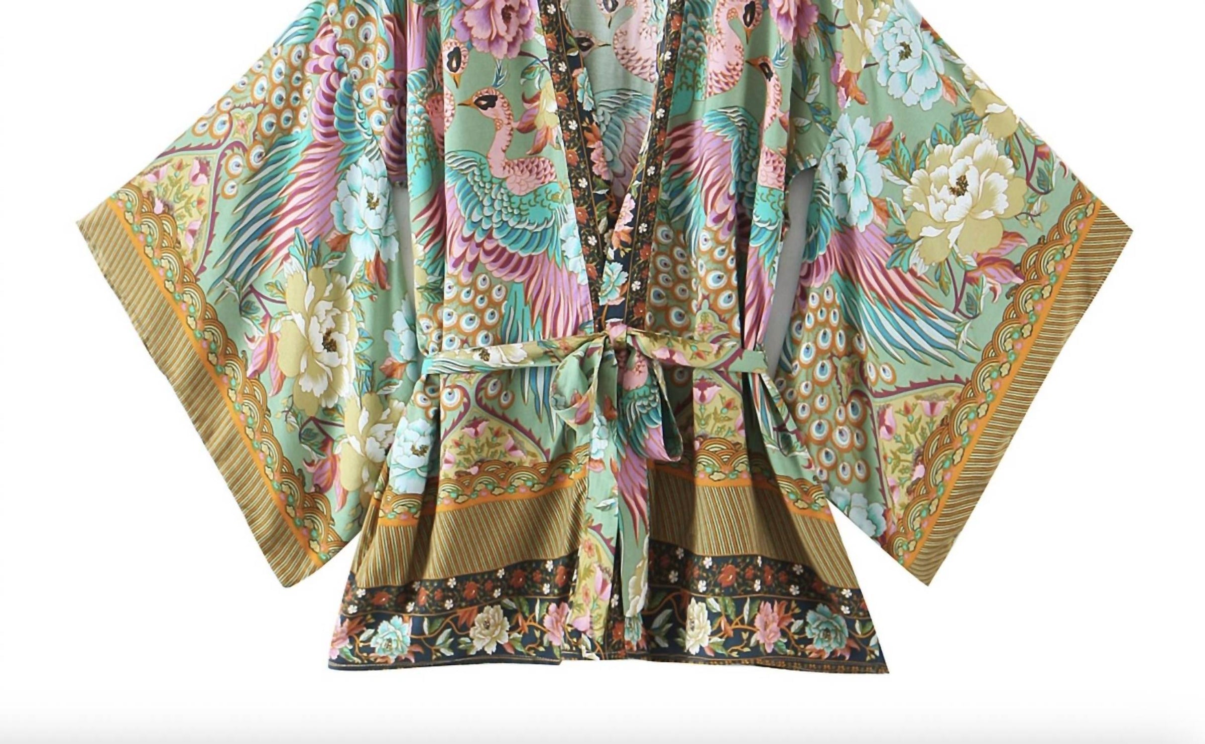 Rosa Clothing - Women's Boho Peacock Print Cropped Kimono