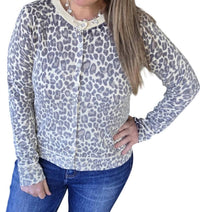 STACCATO Inside Out Button Down Leopard Cardigan in beige gray - women's cardigan