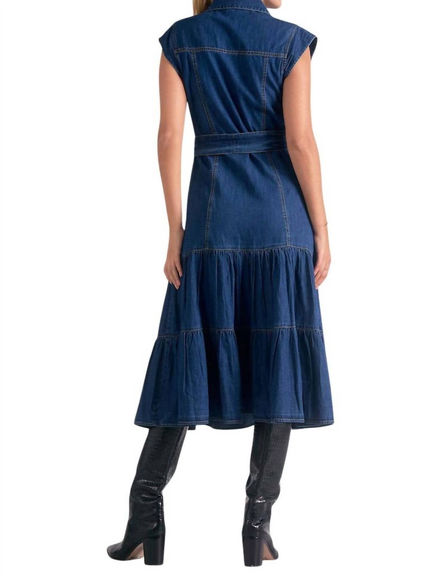 ELAN Cap Sleeve Denim Midi Dress in blue - women's dress - alternate view