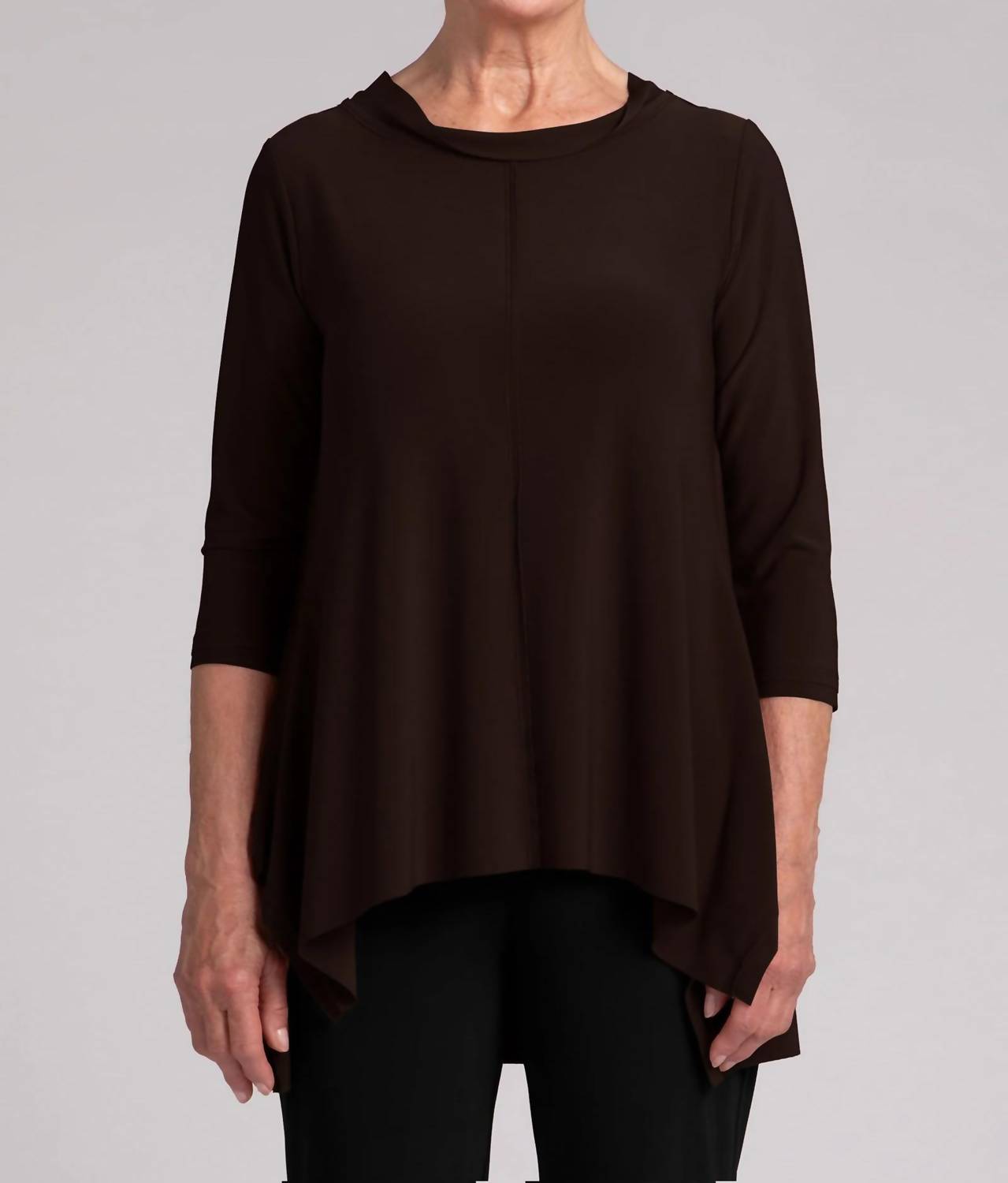 Sympli Flounce top with wide funnel collar in chocolate - women's long sleeve top - detail view