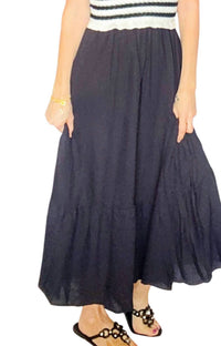 By The River Woven Knit Striped Top Maxidress With Solid Bottom in cream and black - women's dress - detail view