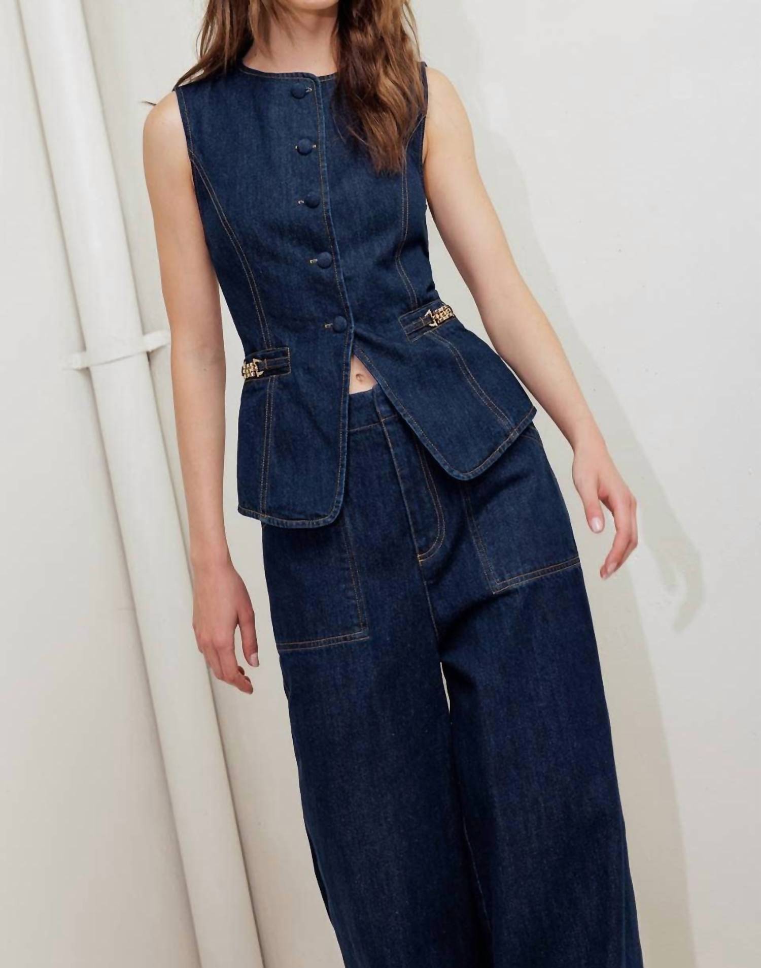 FLYING TOMATO Denim Sleeveless Vest in dark denim - women's jacket - alternate view