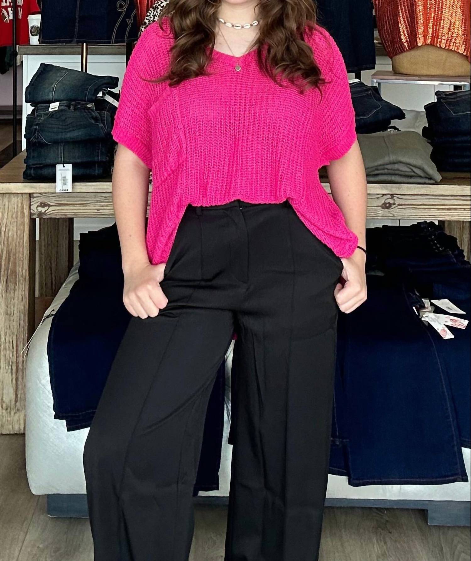 She + Sky - Short Sleeve Wide Shoulder Loose Knit Sweater With Front Pocket