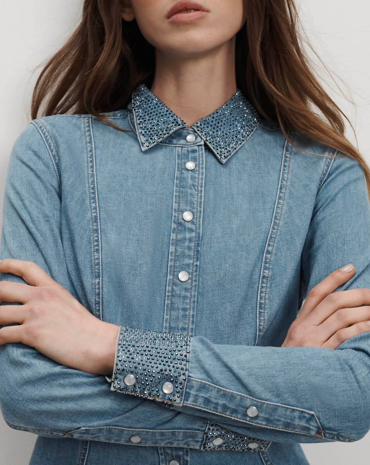 Veronica Beard Eddie Embellished Chambray Shirt in riviera breeze - women's shirt - alternate view
