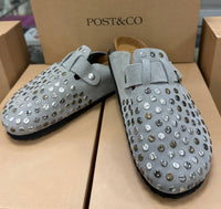 Post & Co. Women's Studded Suede Clogs in grey - women's shoe - detail view