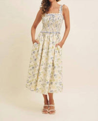 In February - Lovely Floral Smocked Midi Dress With Bow