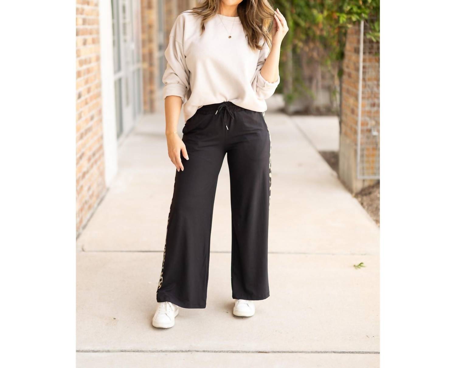Julia Rose Chelsea Wide Leg With Leopard Panel Loungers in black - women's pants
