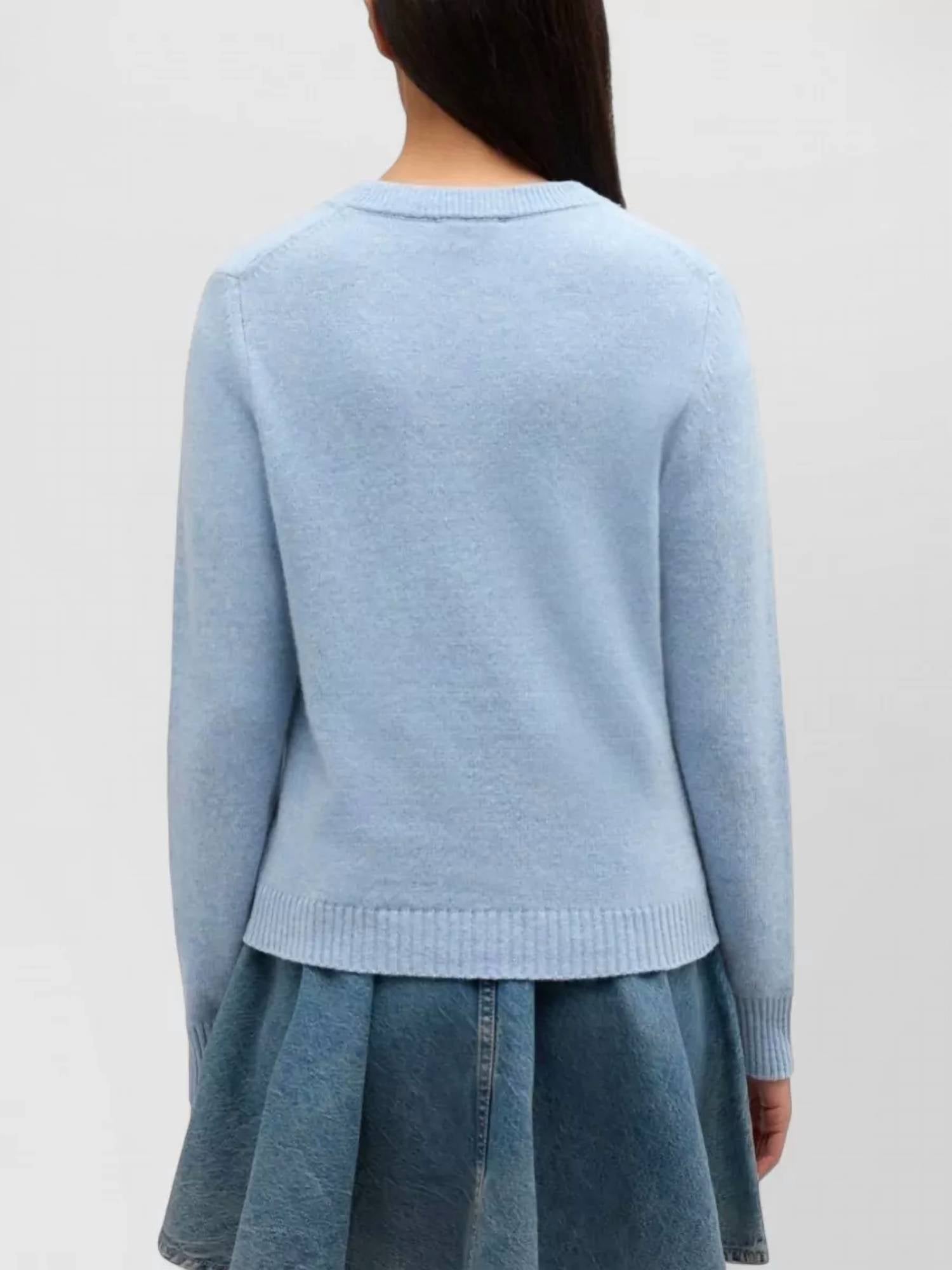 GANNI Teddy Graphic Wool Sweater in baby blue - women's sweater - detail view