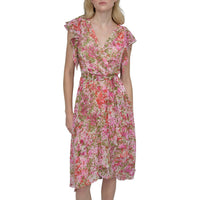 Dkny - Short Ruffle Sleeve Faux Wrap Midi Dress