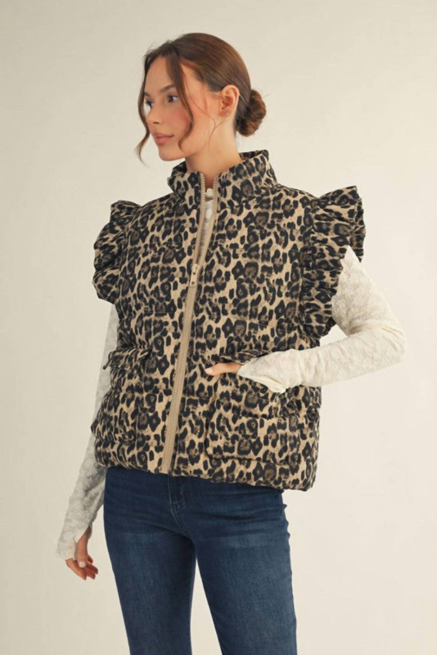 Jodifl - Ruffled Cap Sleeves Leopard Vest