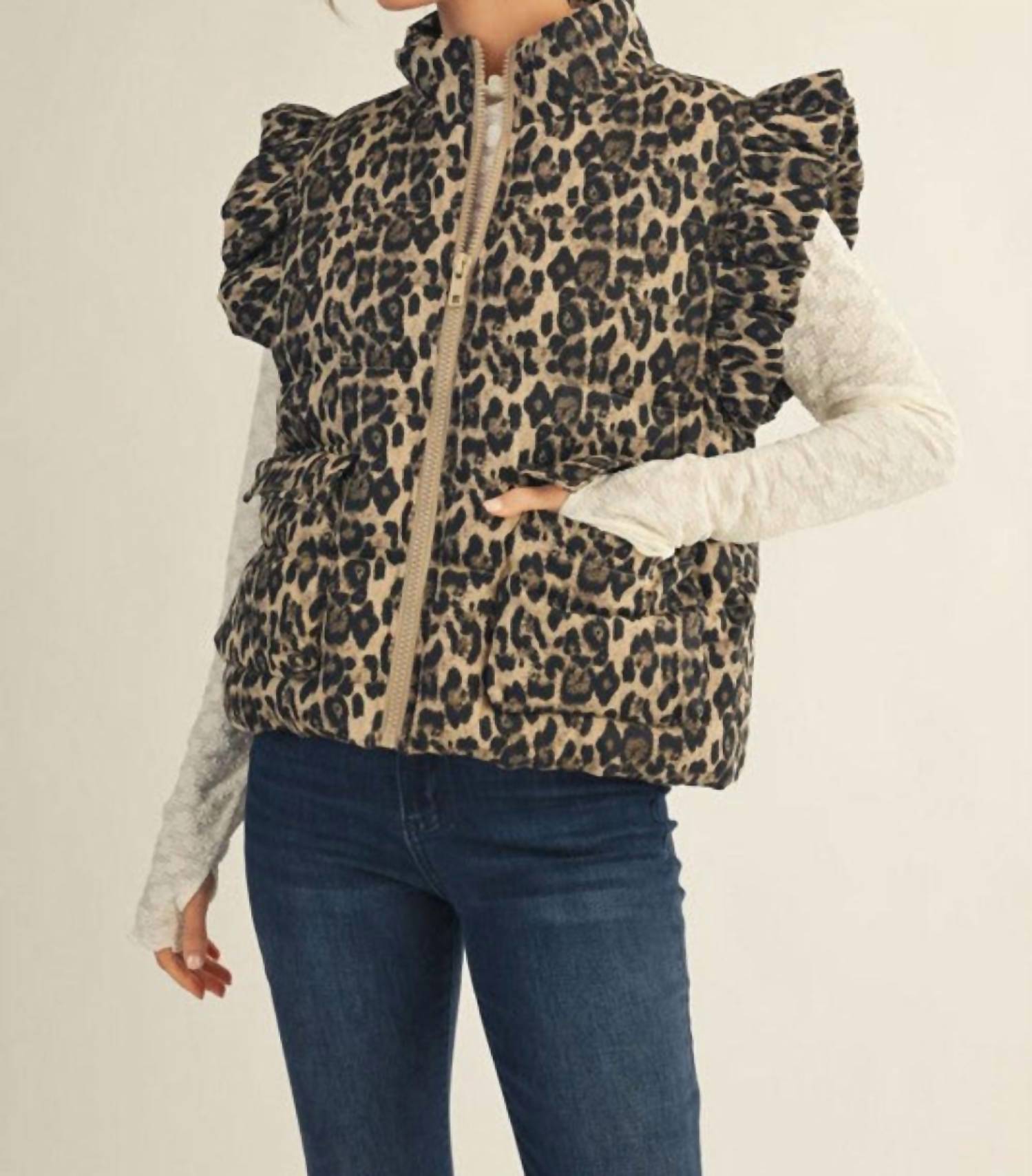 Jodifl - Ruffled Cap Sleeves Leopard Vest
