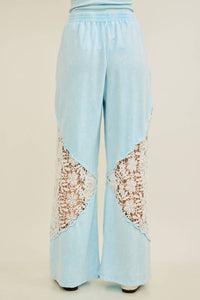 J.Her Mineral Washed Floral Lace Elastic Waist Cool Pant in baby blue - women's pants - detail view