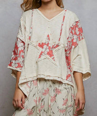 Pol - Relaxed Star Patch Floral Top With Hoodie