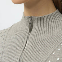 Joseph Ribkoff - Embellished Zipped Mock Neck Pullover Sweater