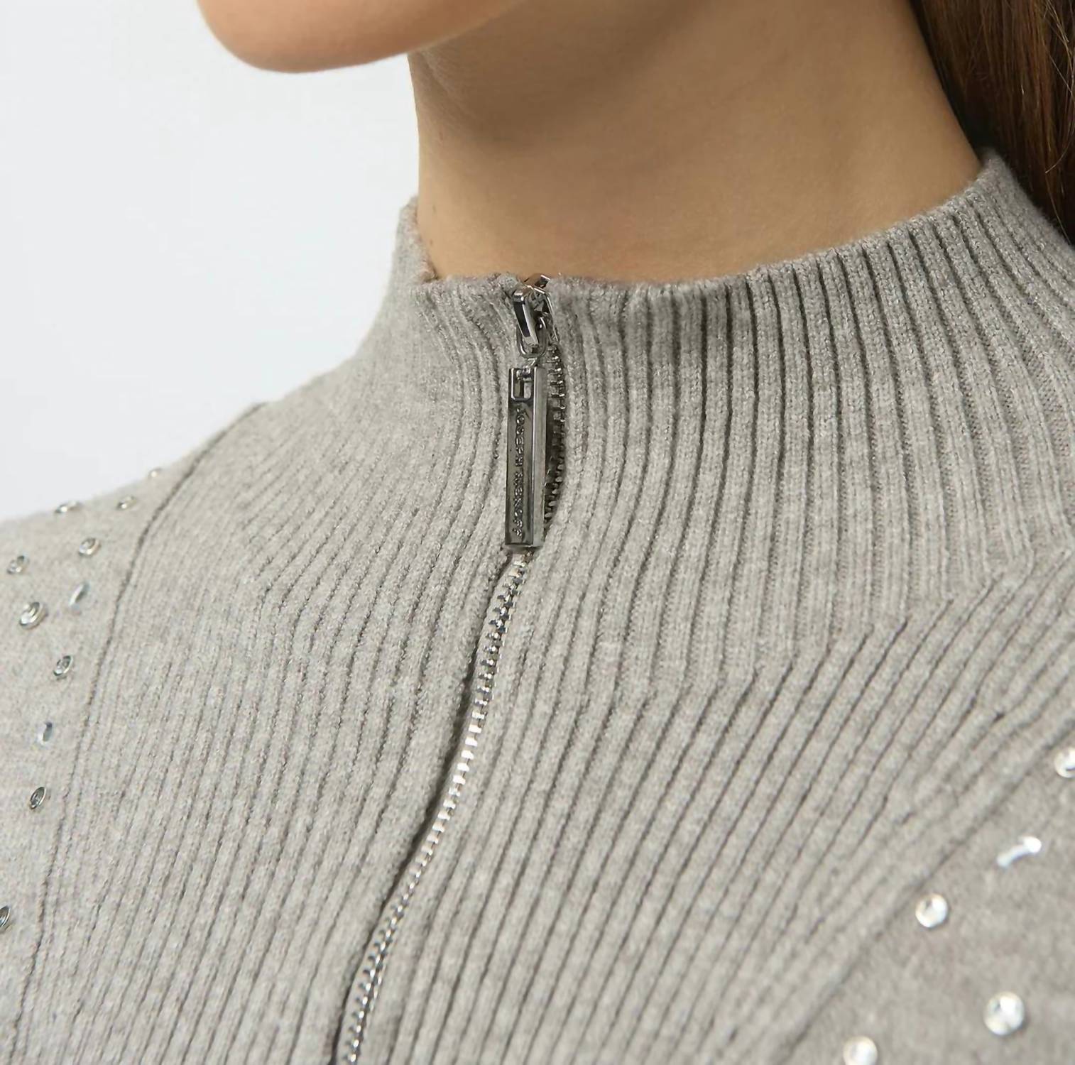 Joseph Ribkoff - Embellished Zipped Mock Neck Pullover Sweater
