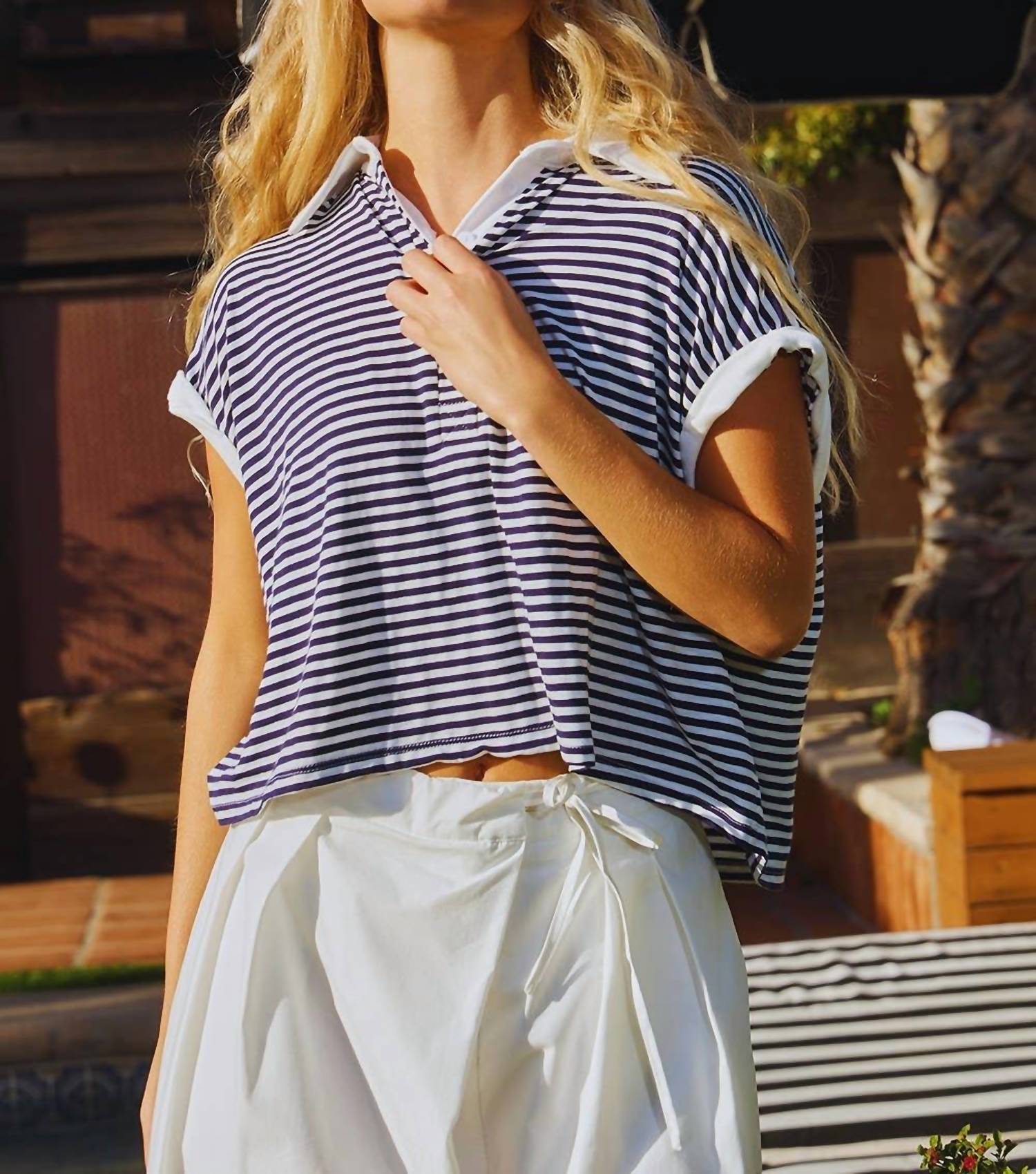 BUCKETLIST Stripe Print Crop Top in blue - women's shirt - view 6