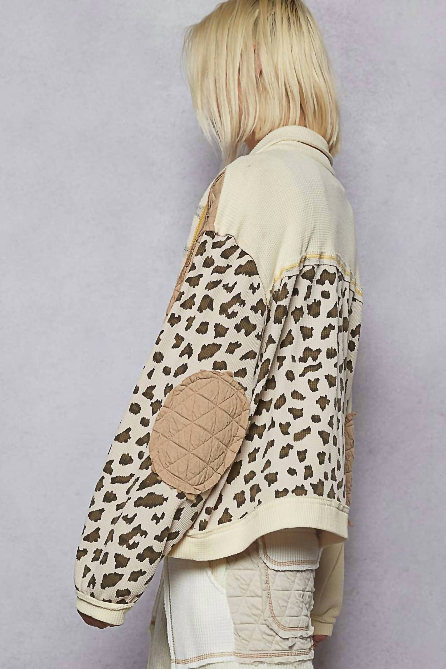POL Floral Animal Print Contrast Color Block Quilted Jacket in cream multi - women's jacket - alternate view