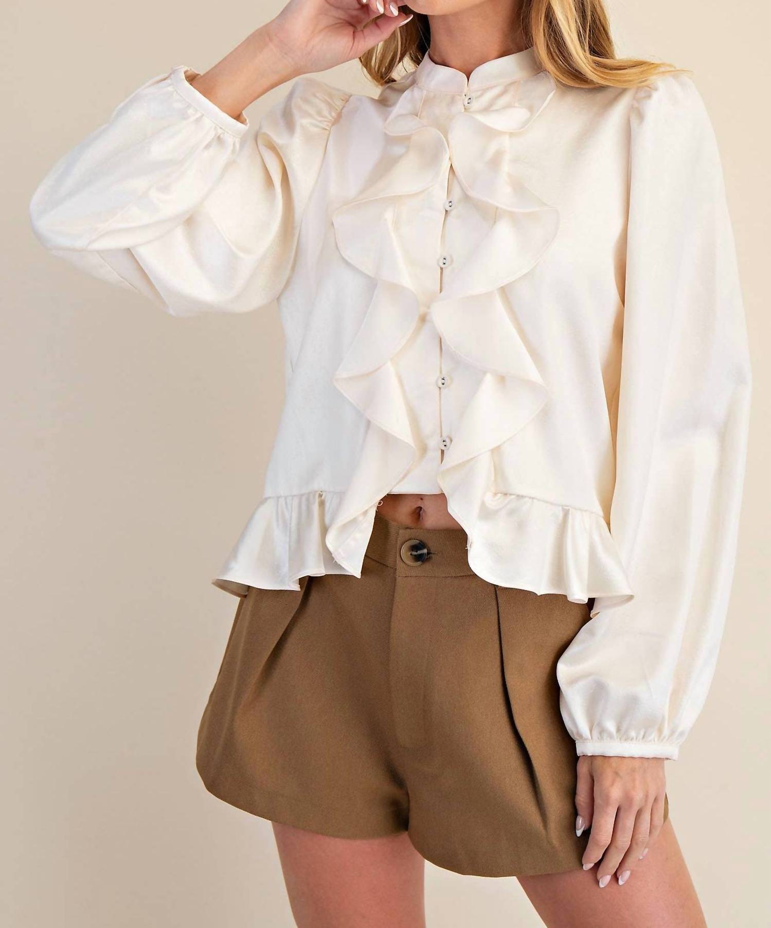 GLAM Long Sleeve Ruffle Top in cream - women's long sleeve top