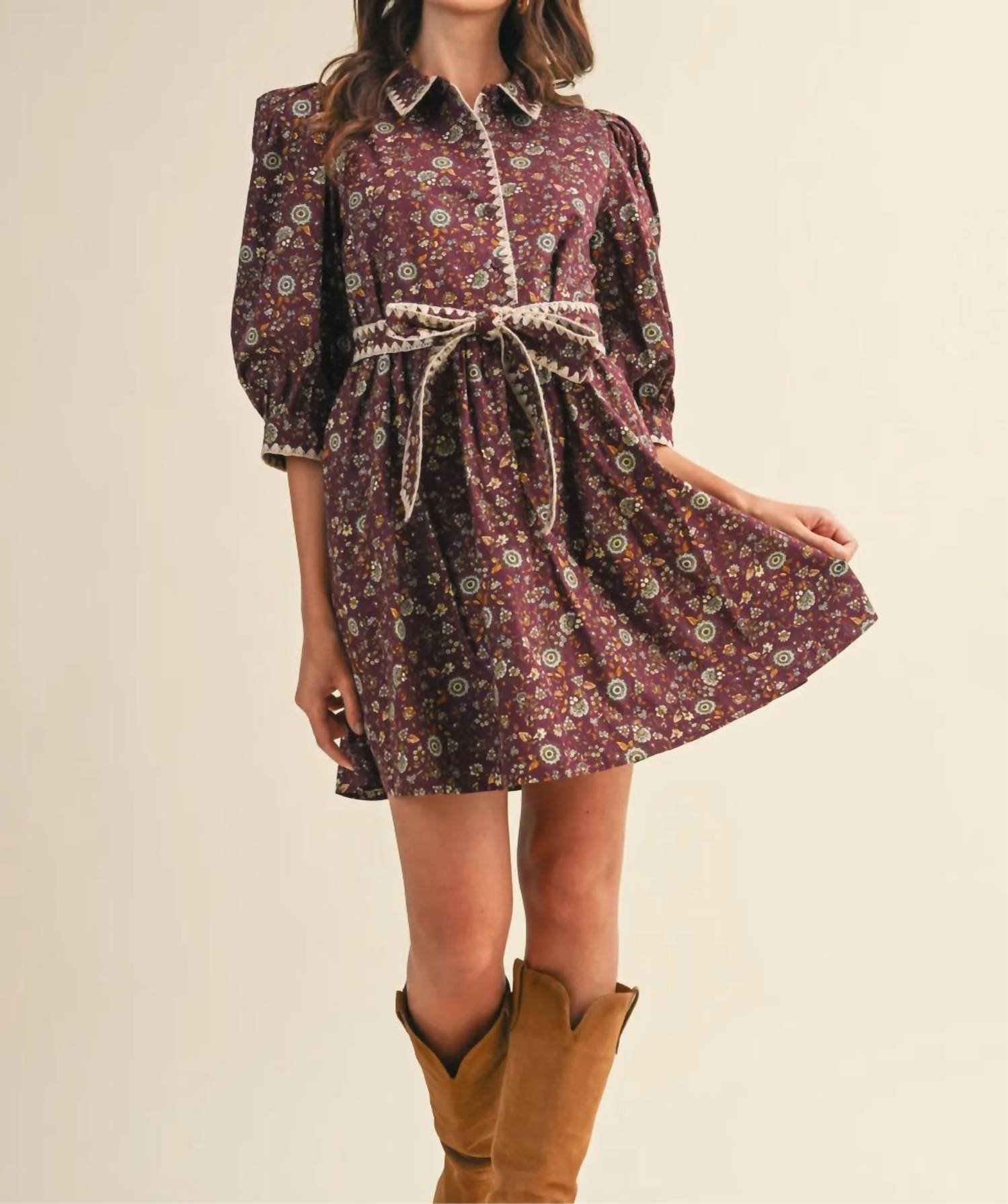 &merci Blanket Stitch Floral Mini Dress in plum - women's dress - detail view