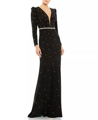 Mac Duggal - Belted Jewel Encrusted Plunge Neck Long Sleeve Gown