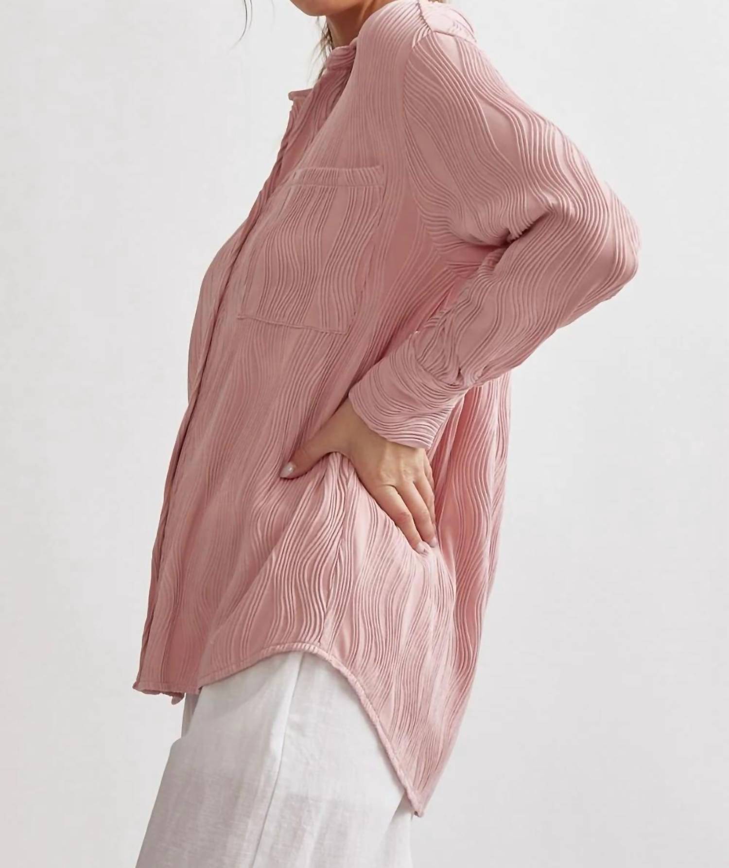 Entro - Wave Textured Long Sleeve Button Up Blouse