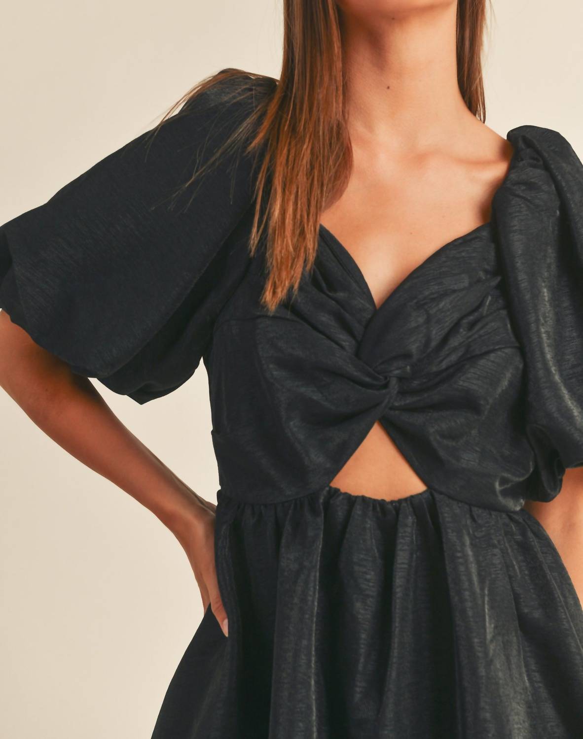 Miou Muse - Balloon Sleeve Knot Detail Mini Dress