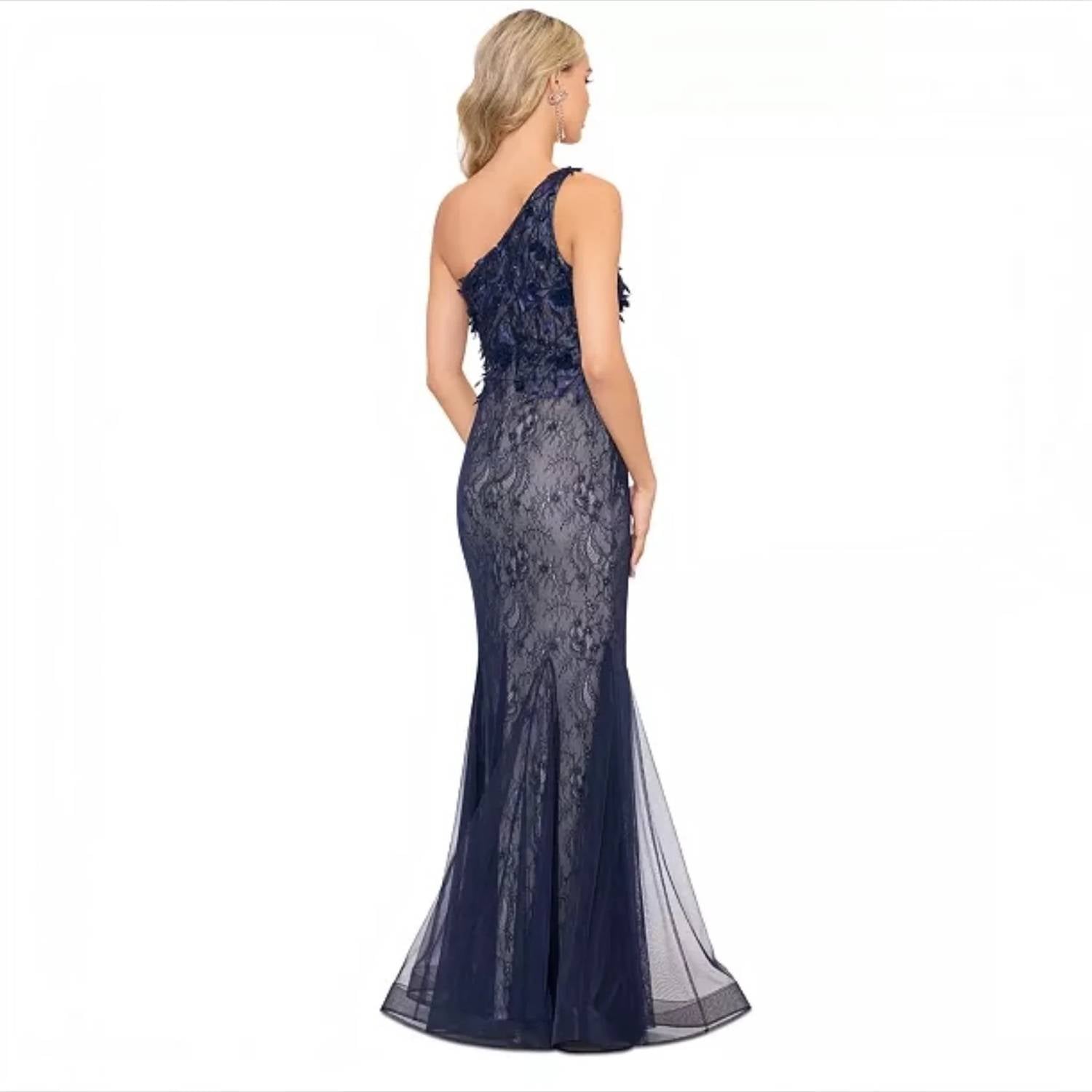 Xscape - Lace Mesh One-shoulder Gown