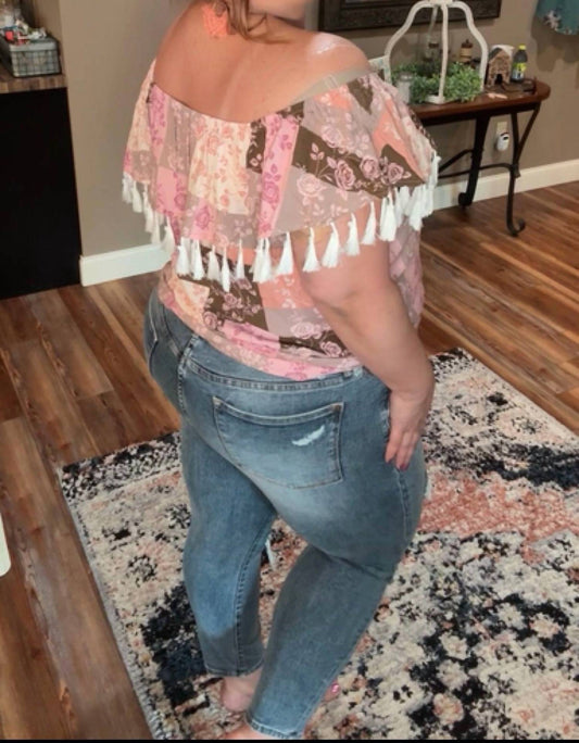 Andree By Unit - Off the Shoulder Patchwork Print Tassel Top