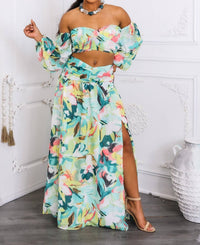 Surelymine - Tropical Floral Puff Sleeve Two-Piece Set with Slit Skirt